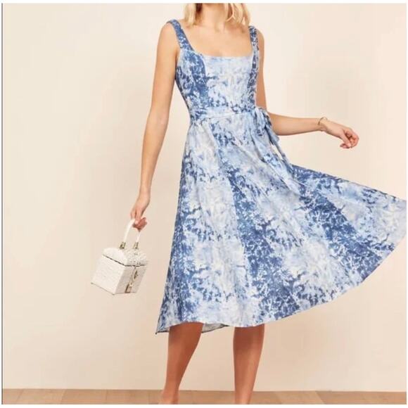 Reformation Garten Blue Tie Dye Wrap Midi Dress Linen Medium Low Back Spring - Picture 1 of 8